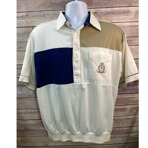 Classics by Palmland Shirt  LARGE Banded Waist Short Sleeve Polo White Blue